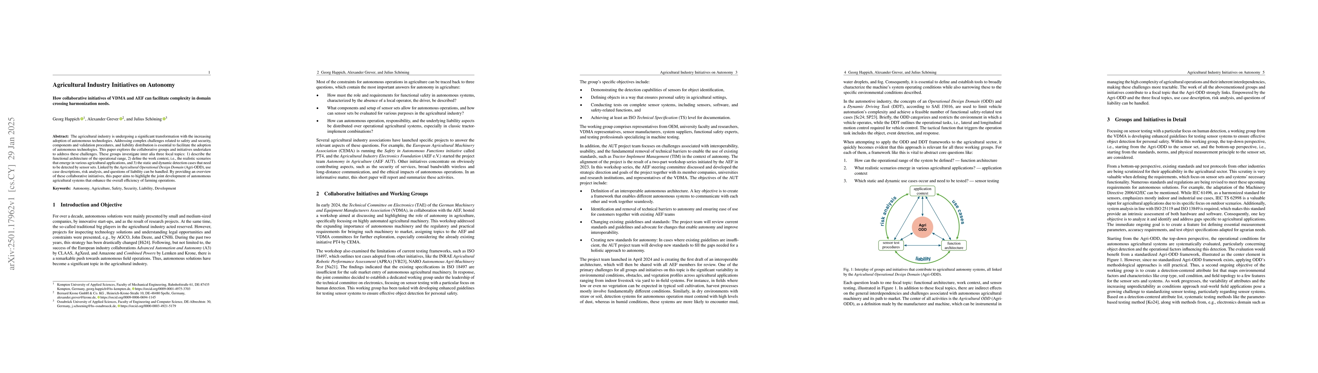 Thumbnail for Agricultural Industry Initiatives on Autonomy: How collaborative
  initiatives of VDMA and AEF can facilitate complexity in domain crossing
  harmonization needs
