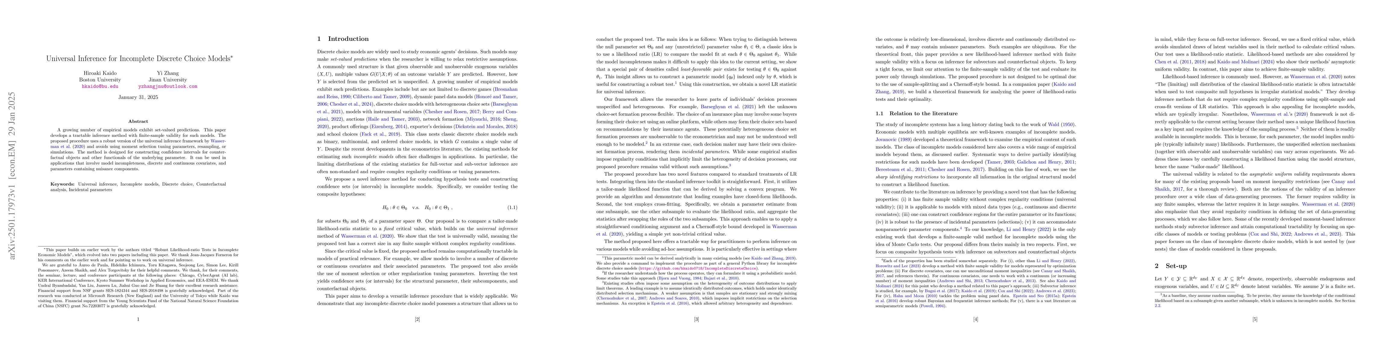 Thumbnail for Universal Inference for Incomplete Discrete Choice Models