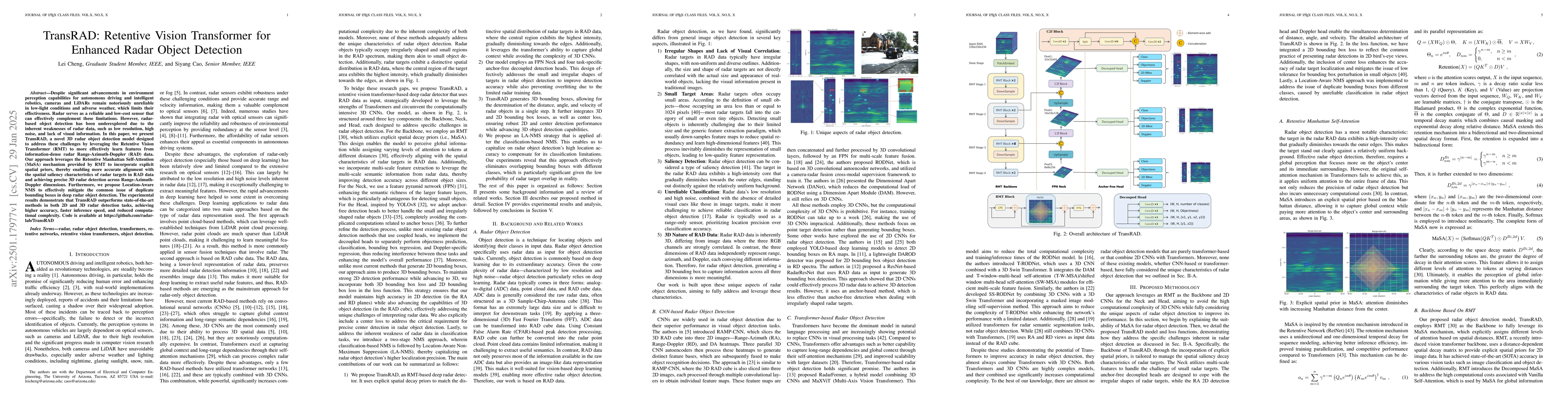 Thumbnail for TransRAD: Retentive Vision Transformer for Enhanced Radar Object
  Detection