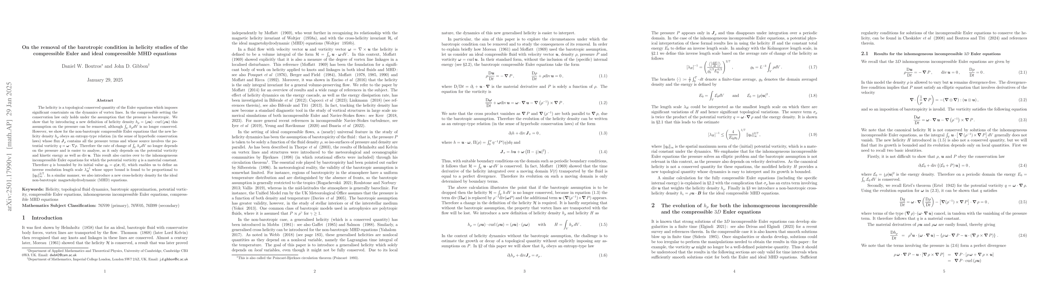 Thumbnail for On the removal of the barotropic condition in helicity studies of the
  compressible Euler and ideal compressible MHD equations