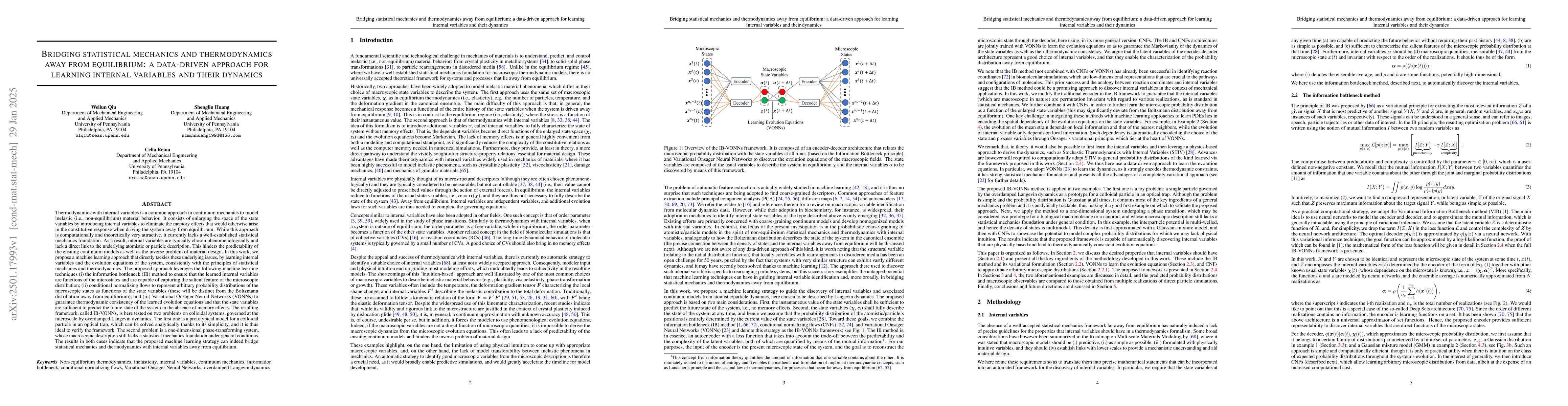 Thumbnail for Bridging statistical mechanics and thermodynamics away from equilibrium:
  a data-driven approach for learning internal variables and their dynamics