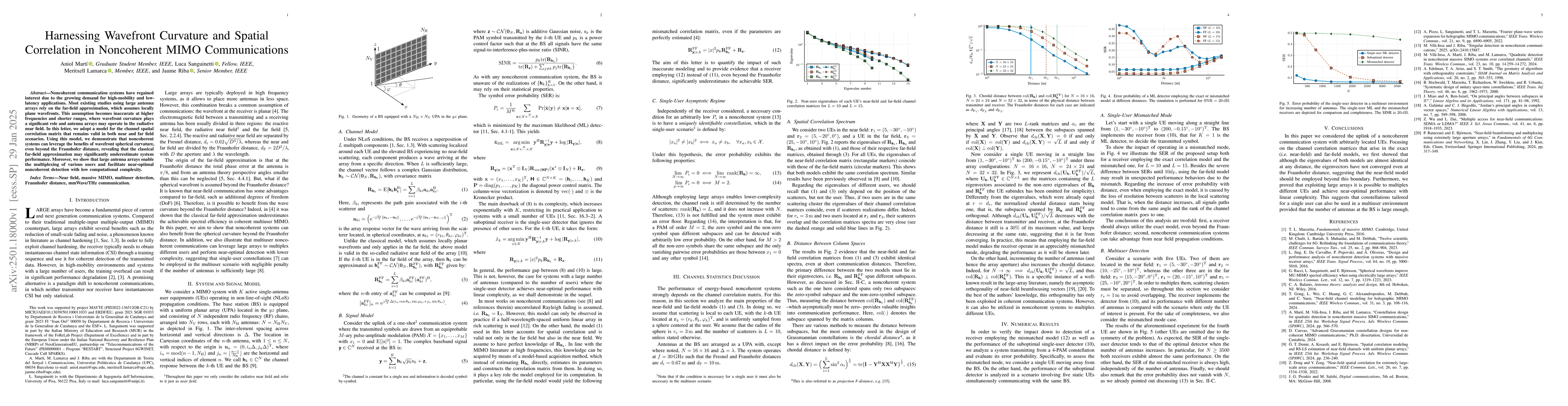 Thumbnail for Harnessing Wavefront Curvature and Spatial Correlation in Noncoherent
  MIMO Communications