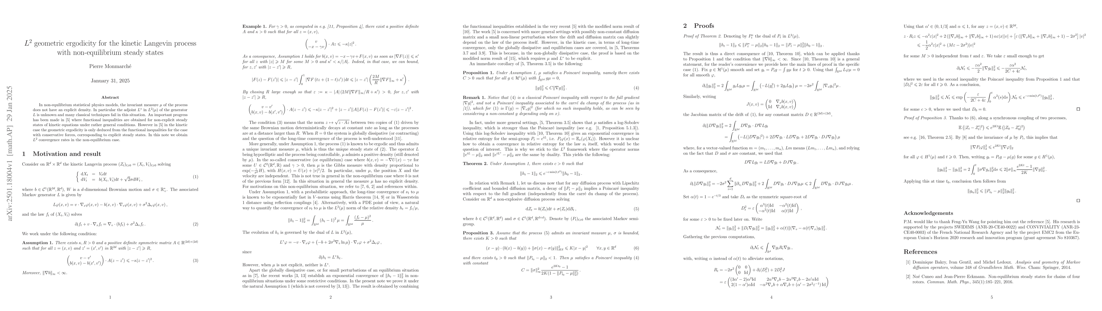 Thumbnail for L2 geometric ergodicity for the kinetic Langevin process with
  non-equilibrium steady states