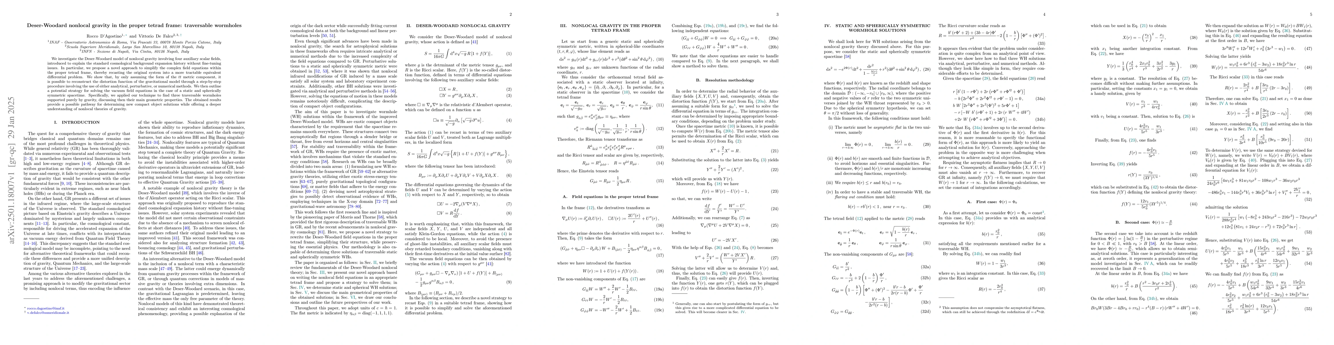 Thumbnail for Deser-Woodard nonlocal gravity in the proper tetrad frame: traversable
  wormholes