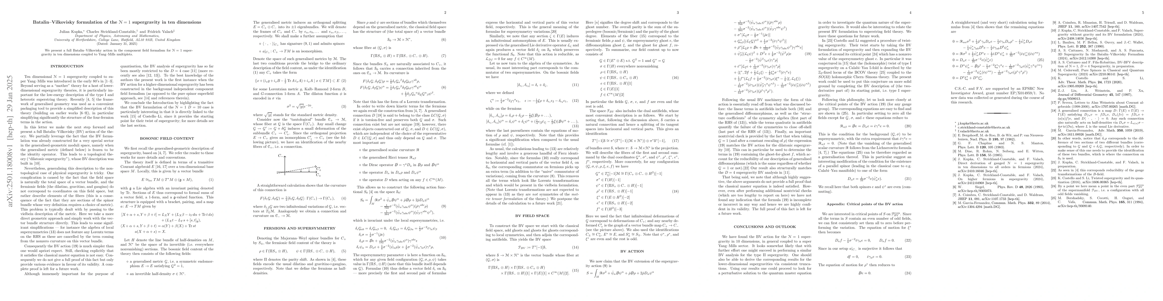 Thumbnail for Batalin-Vilkovisky formulation of the $\mathcal N=1$ supergravity in ten
  dimensions