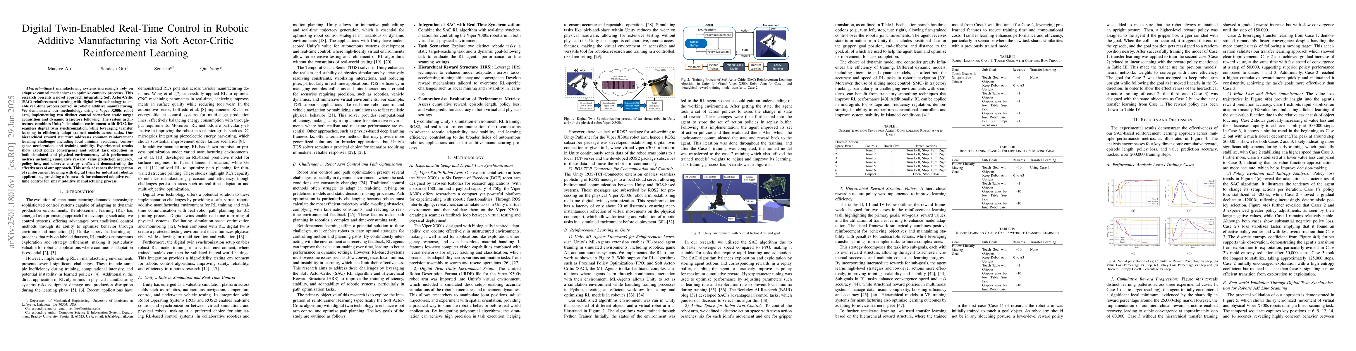 Thumbnail for Digital Twin-Enabled Real-Time Control in Robotic Additive Manufacturing
  via Soft Actor-Critic Reinforcement Learning