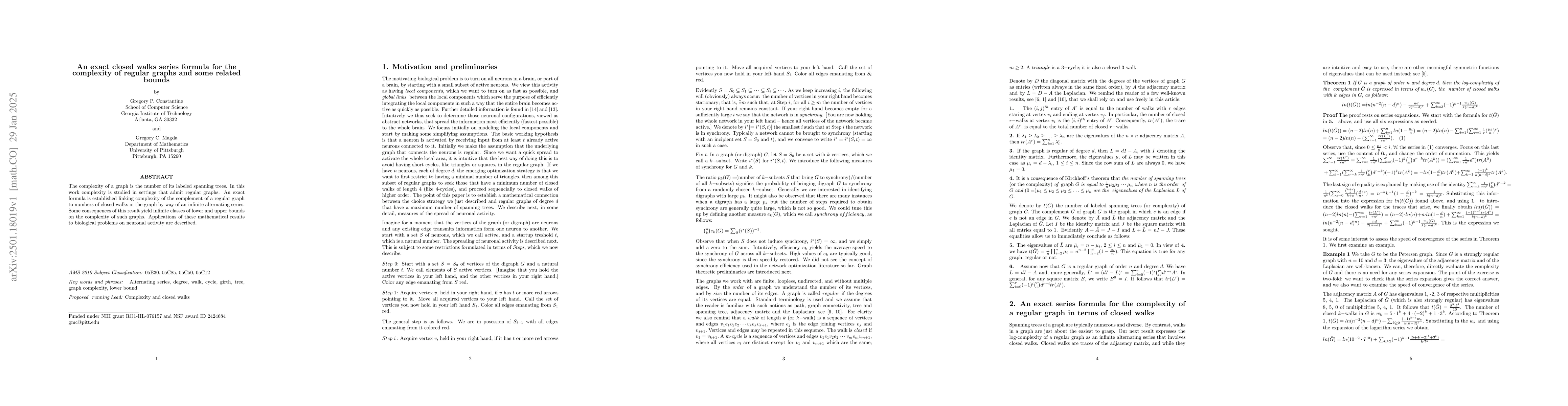 Thumbnail for An exact closed walks series formula for the complexity of regular
  graphs and some related bounds