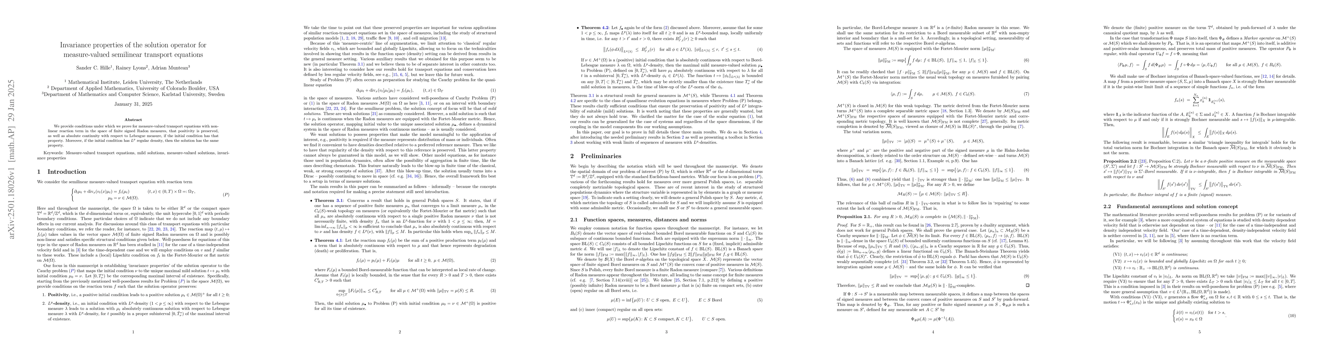 Thumbnail for Invariance properties of the solution operator for measure-valued
  semilinear transport equations