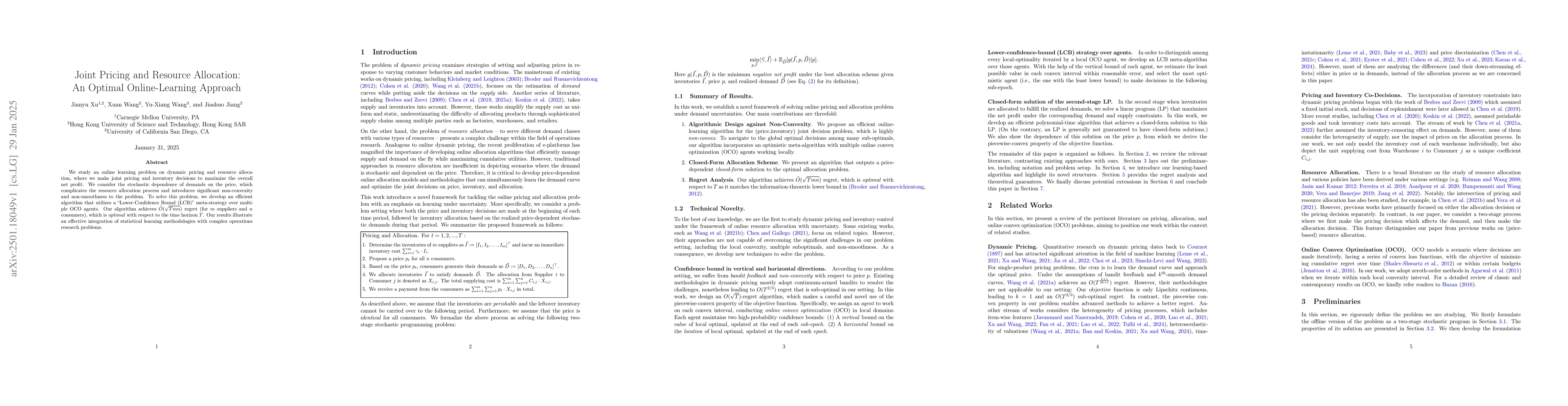 Thumbnail for Joint Pricing and Resource Allocation: An Optimal Online-Learning
  Approach