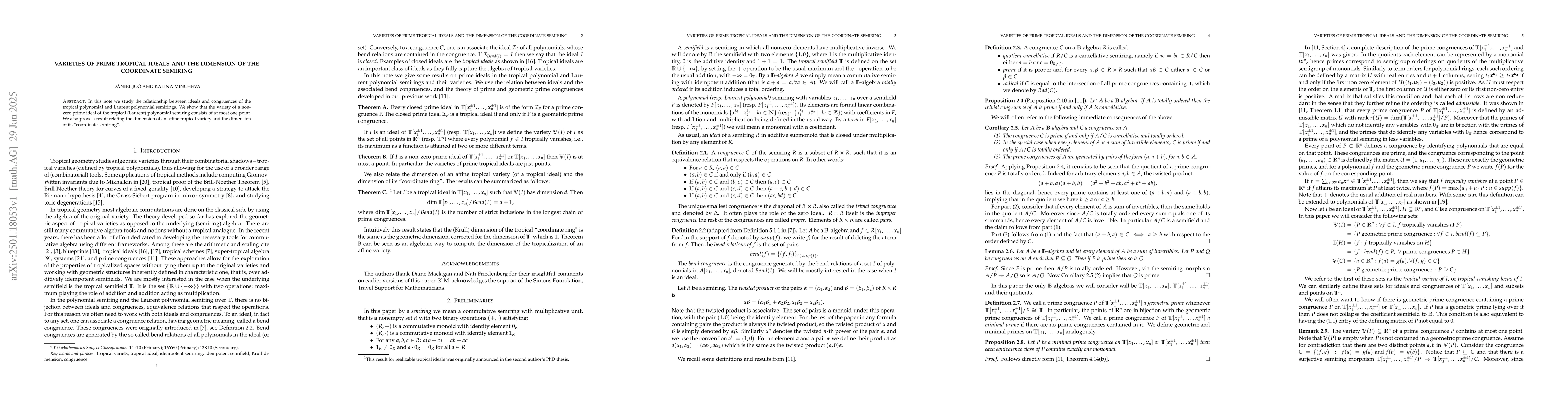 Thumbnail for Varieties of prime tropical ideals and the dimension of the coordinate
  semiring