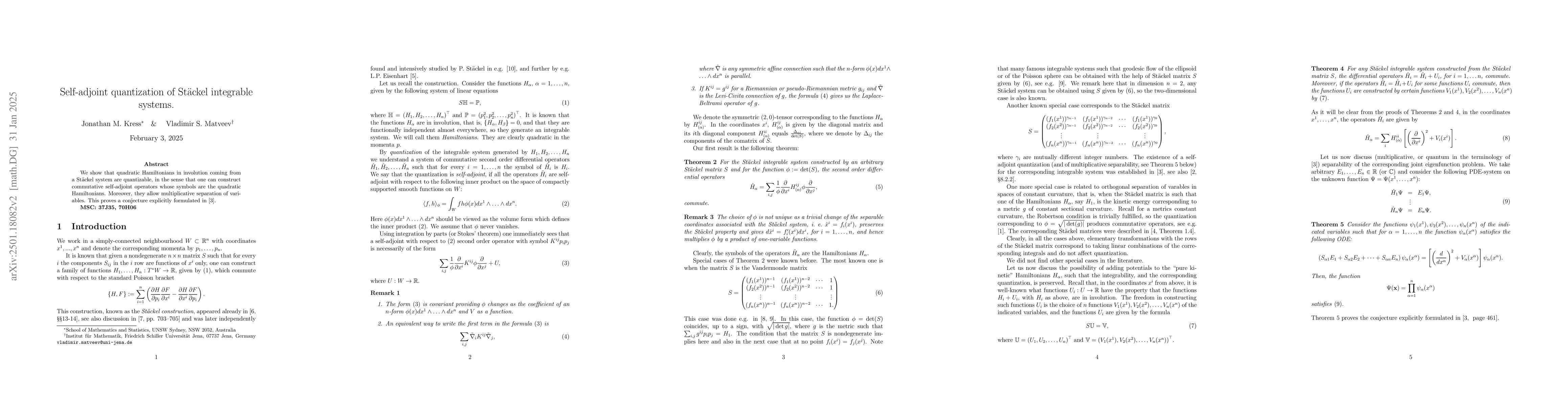 Thumbnail for Self-adjoint quantization of Stäckel integrable systems