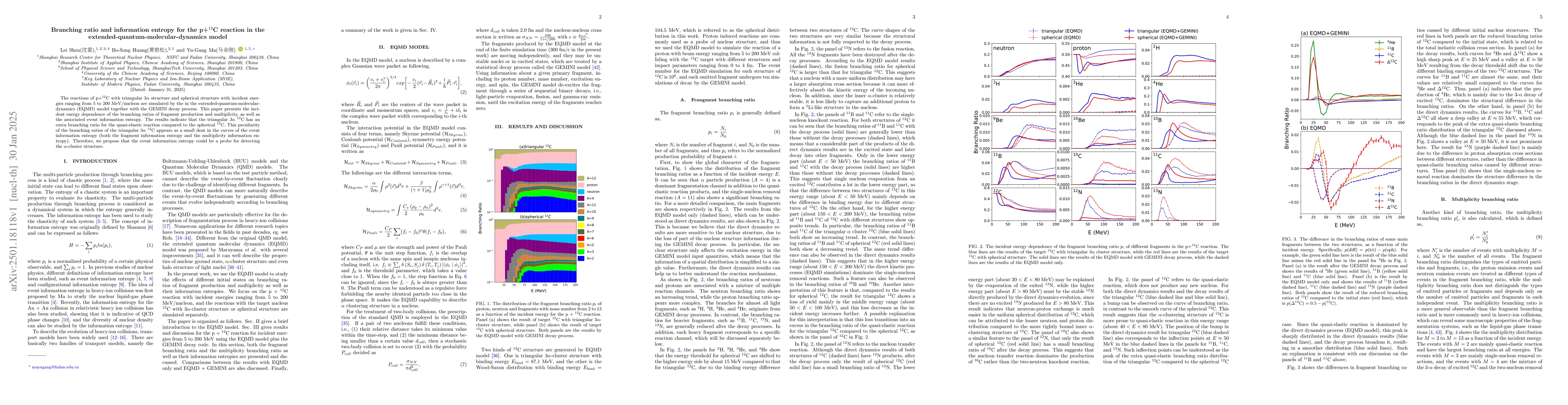Thumbnail for Branching ratio and information entropy for the p+$^{12}$C reaction in
  the extended-quantum-molecular-dynamics model