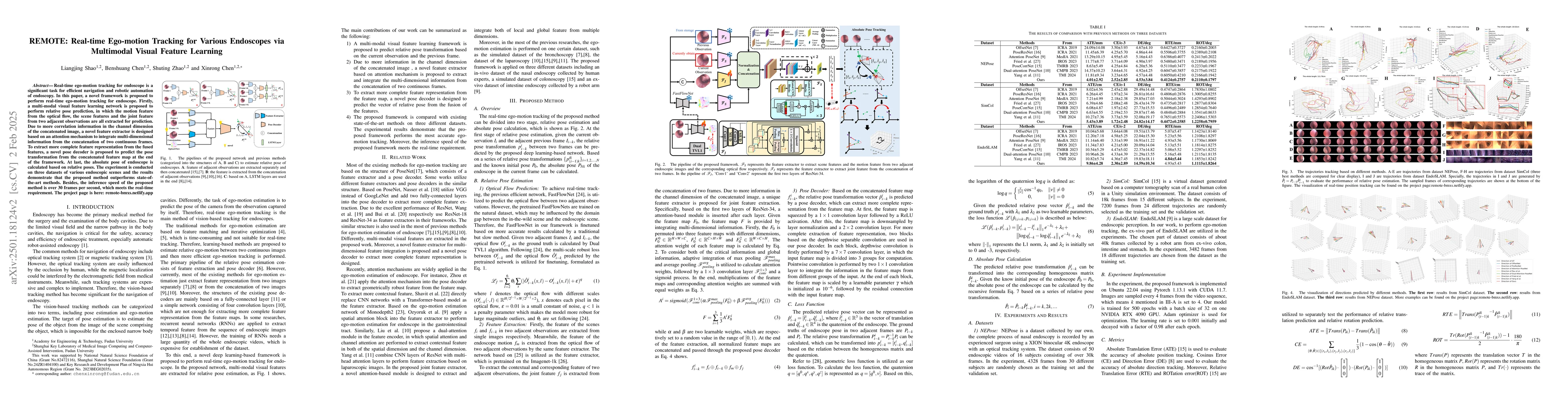 Thumbnail for REMOTE: Real-time Ego-motion Tracking for Various Endoscopes via
  Multimodal Visual Feature Learning