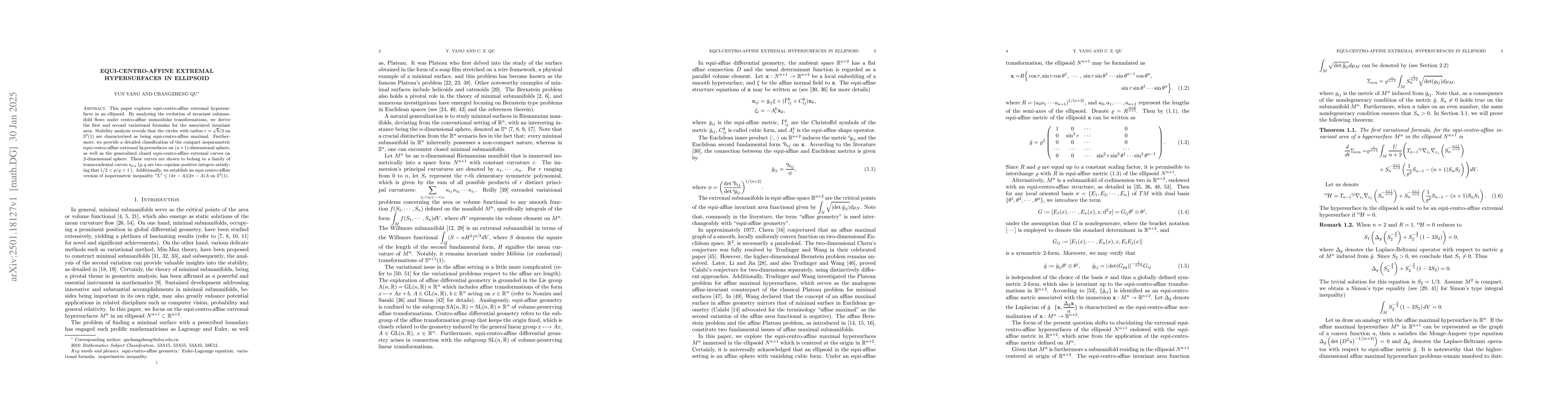 Thumbnail for Equi-centro-affine extremal hypersurfaces in ellipsoid