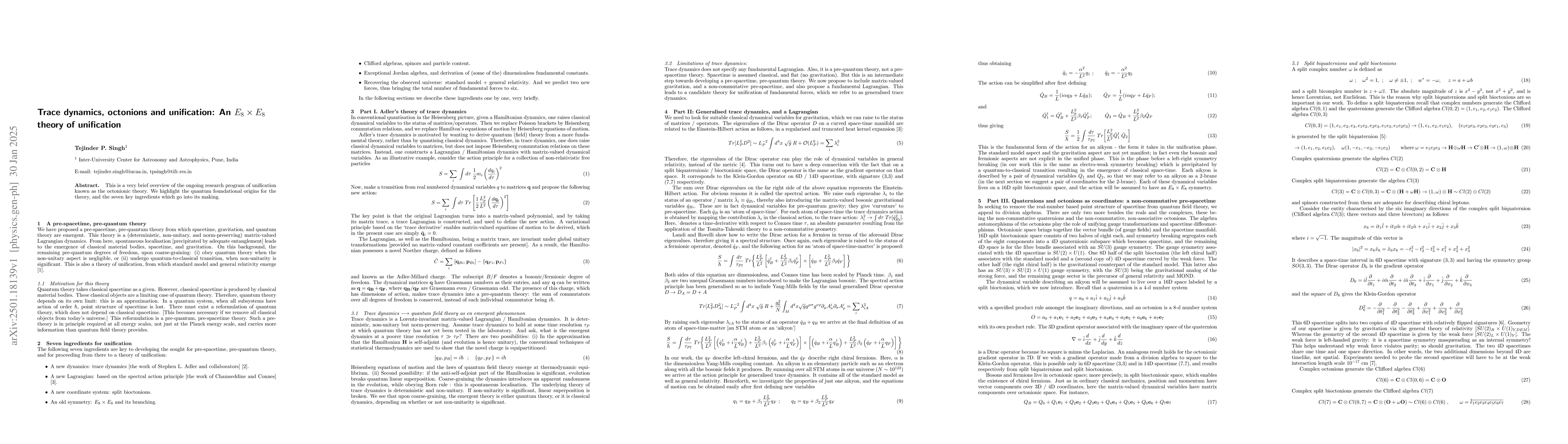 Thumbnail for Trace dynamics, octonions, and unification: An $E_8 \times E_8$ theory
  of unification