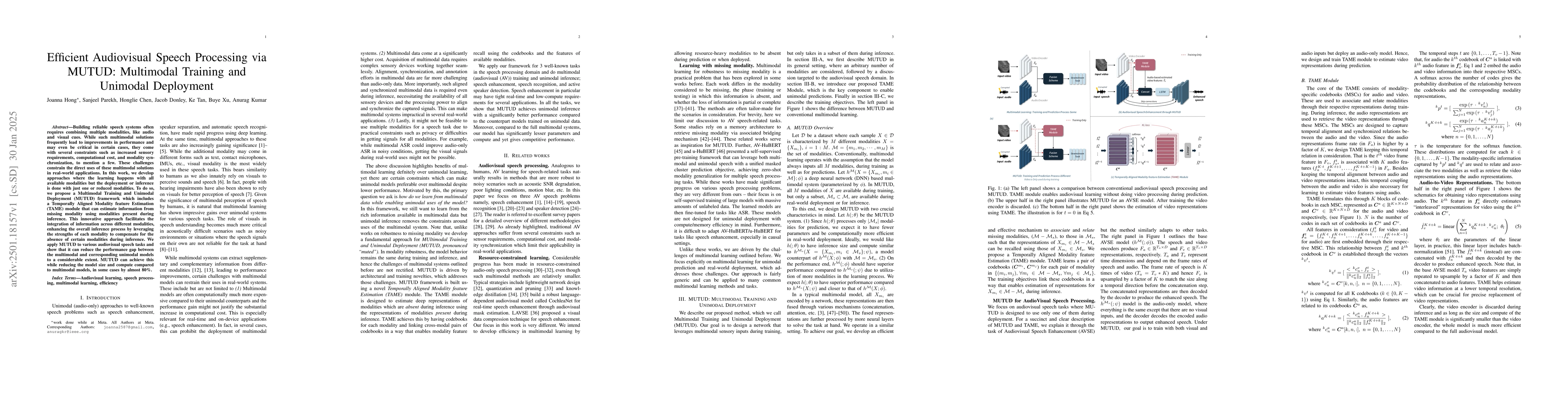 Thumbnail for Efficient Audiovisual Speech Processing via MUTUD: Multimodal Training
  and Unimodal Deployment