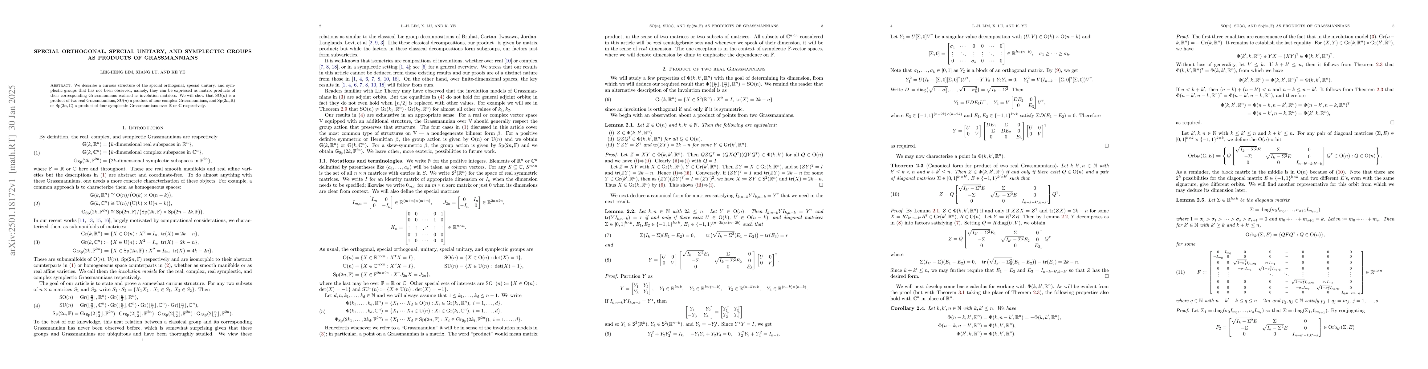 Thumbnail for Special orthogonal, special unitary, and symplectic groups as products
  of Grassmannians