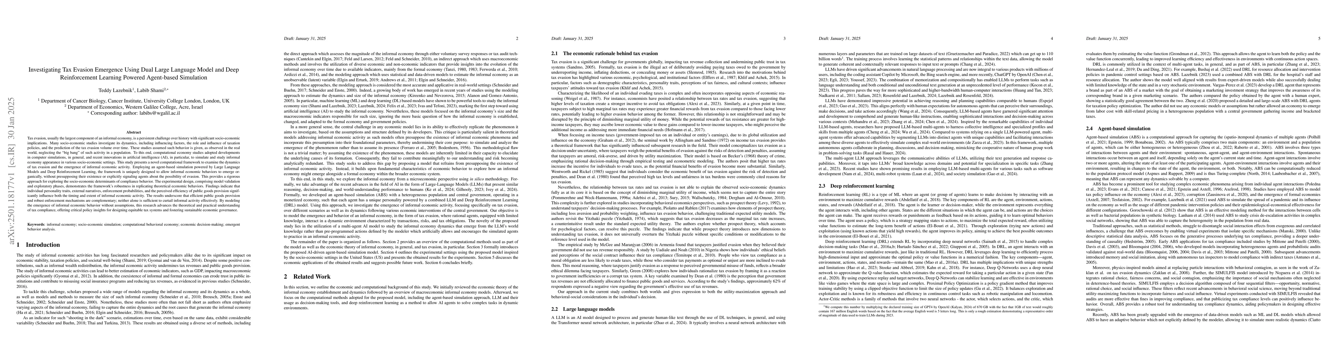 Thumbnail for Investigating Tax Evasion Emergence Using Dual Large Language Model and
  Deep Reinforcement Learning Powered Agent-based Simulation