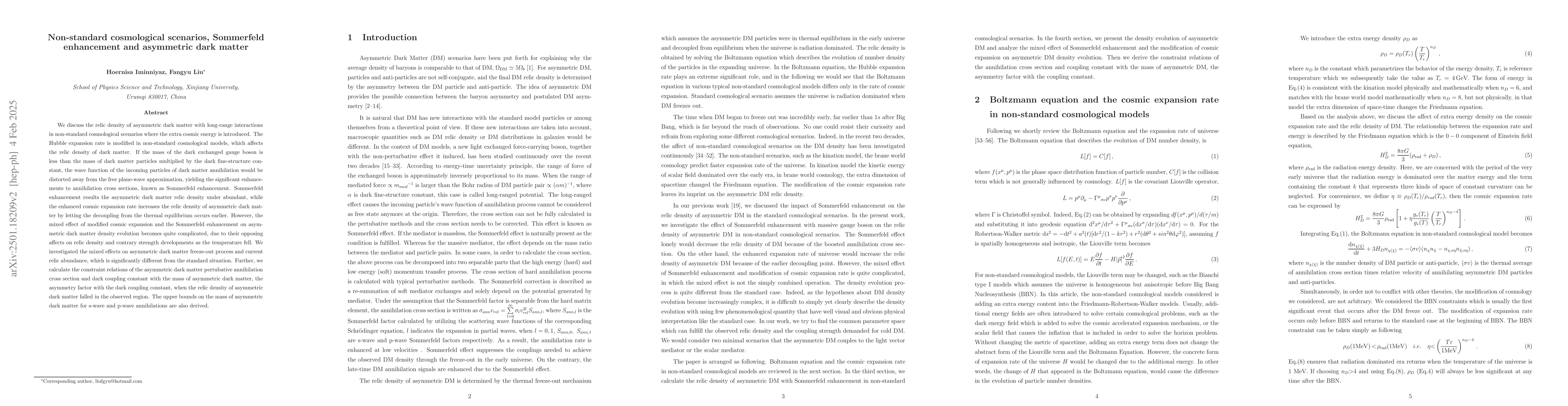 Thumbnail for Non-standard cosmological scenarios, Sommerfeld enhancement and
  asymmetric dark matter