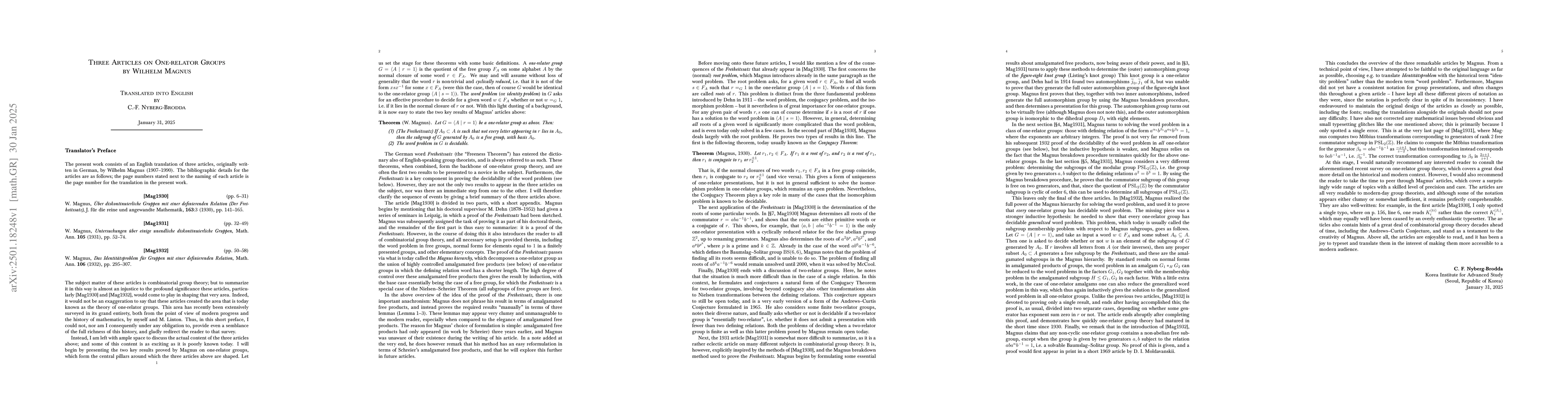 Thumbnail for Three articles on one-relator groups by Wilhelm Magnus