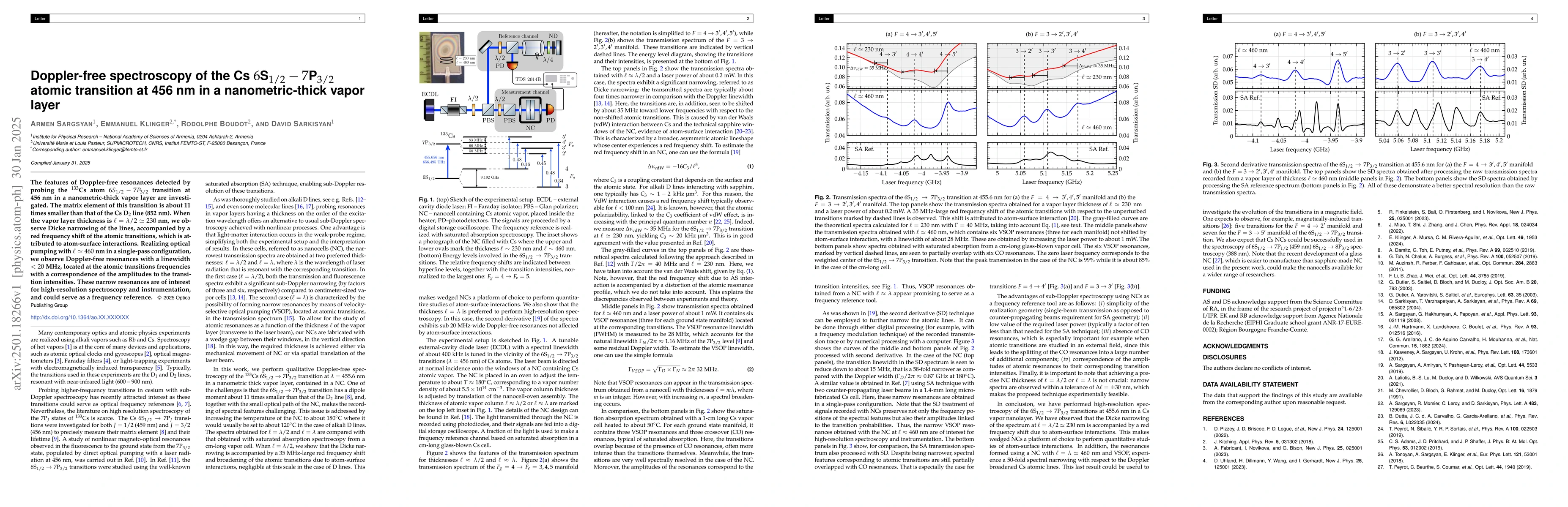Thumbnail for Doppler-free spectroscopy of the Cs $6\text{S}_{1/2}-7\text{P}_{3/2}$
  atomic transition at 456 nm in a nanometric-thick vapor layer