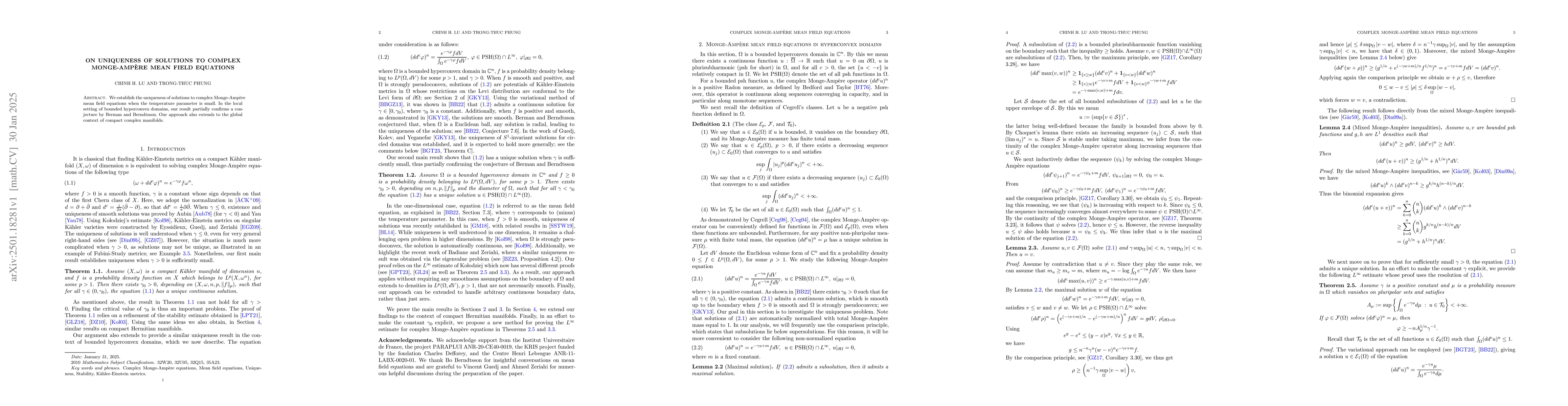 Thumbnail for On uniqueness of solutions to complex Monge-Ampère mean field
  equations