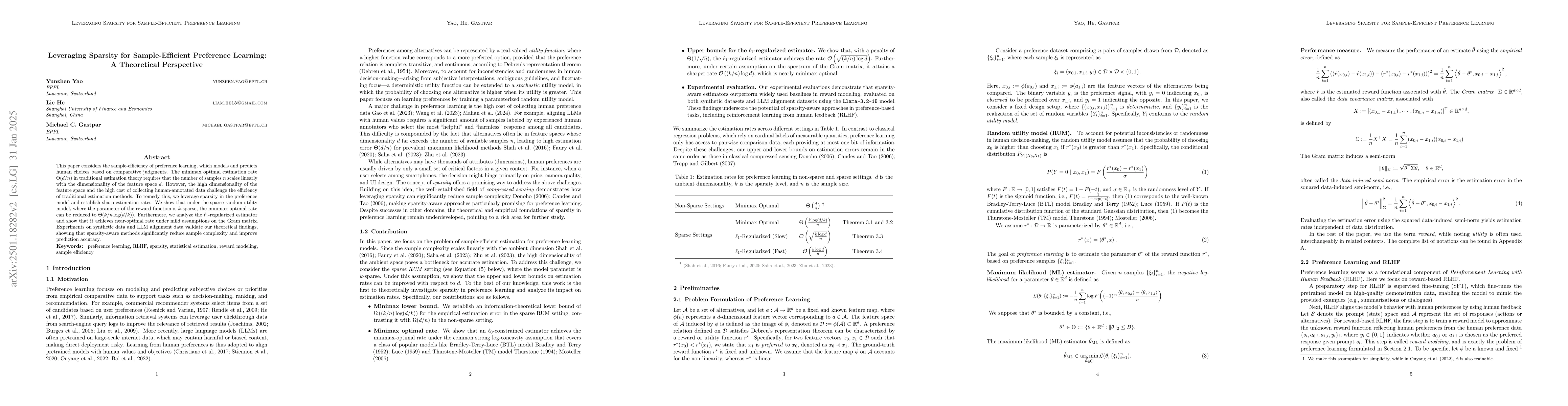 Thumbnail for Leveraging Sparsity for Sample-Efficient Preference Learning: A
  Theoretical Perspective