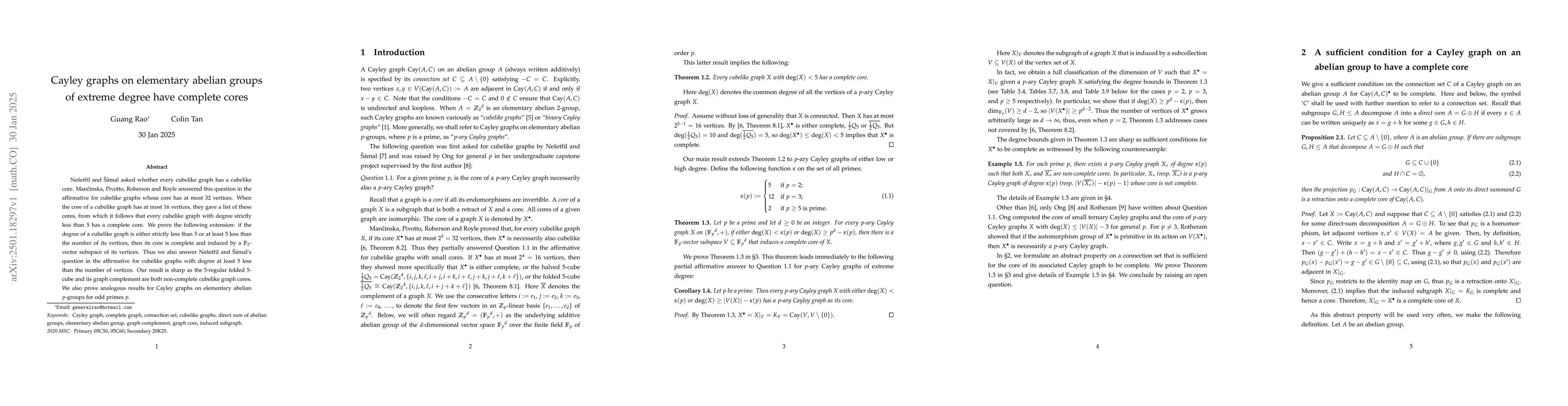 Thumbnail for Cayley graphs on elementary abelian groups of extreme degree have
  complete cores