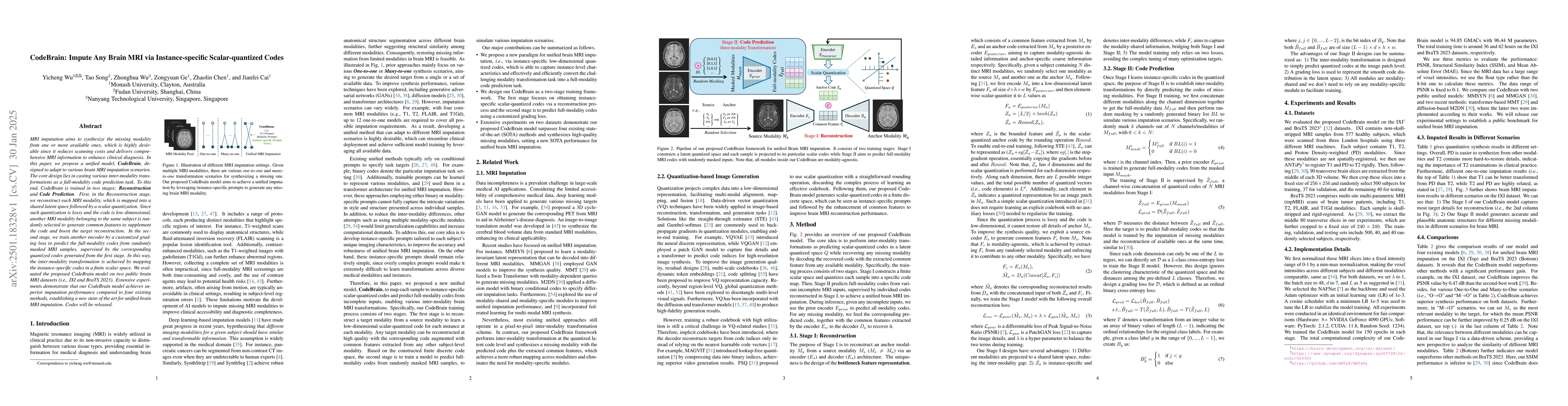 Thumbnail for CodeBrain: Impute Any Brain MRI via Instance-specific Scalar-quantized
  Codes