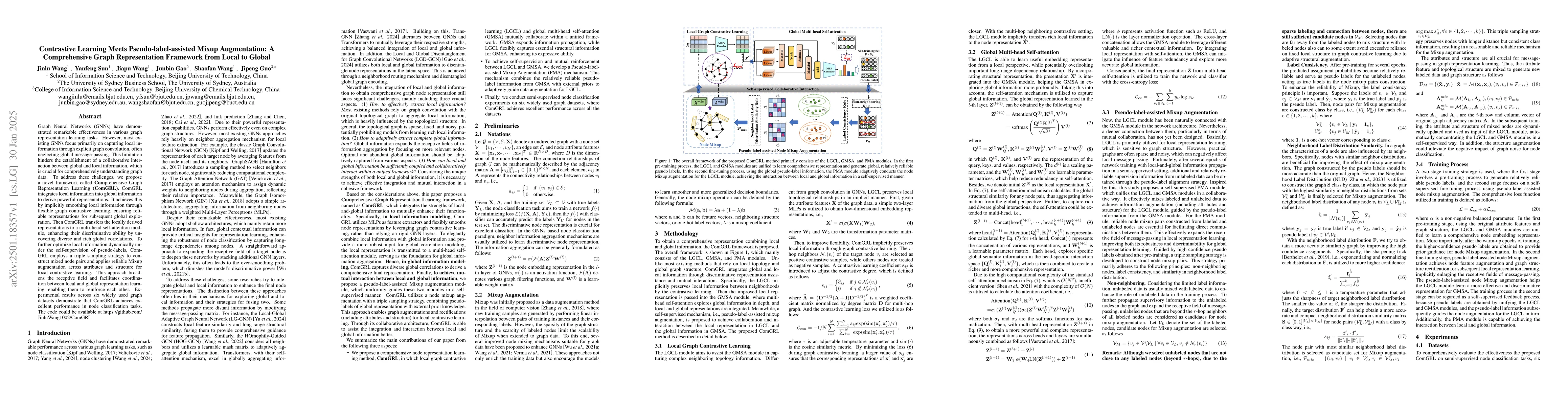 Thumbnail for Contrastive Learning Meets Pseudo-label-assisted Mixup Augmentation: A
  Comprehensive Graph Representation Framework from Local to Global