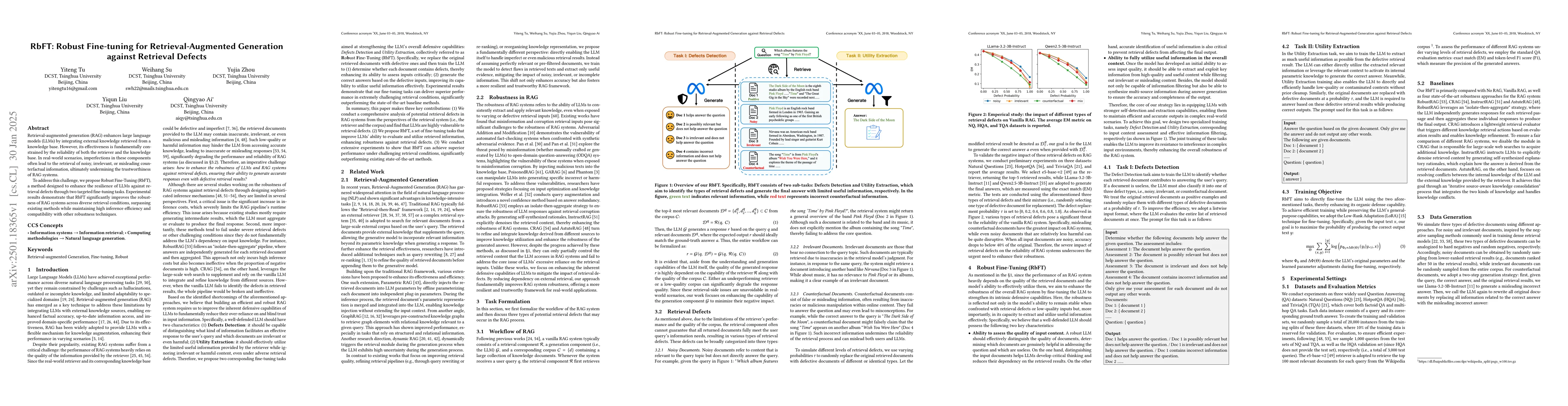 Thumbnail for RbFT: Robust Fine-tuning for Retrieval-Augmented Generation against
  Retrieval Defects