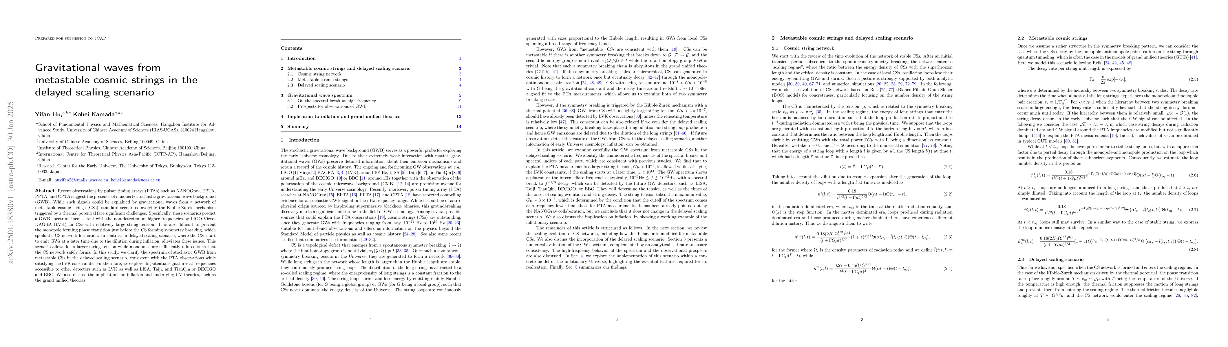 Thumbnail for Gravitational waves from metastable cosmic strings in the delayed
  scaling scenario