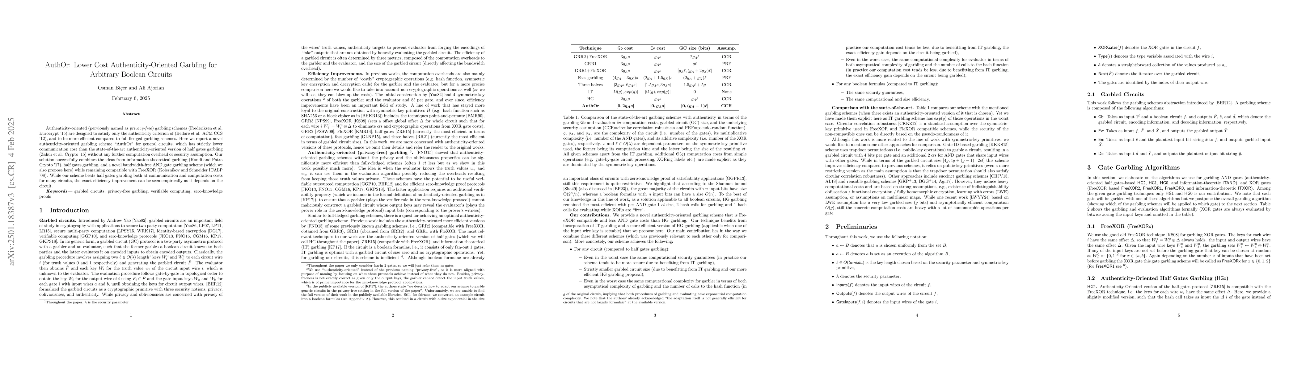 Thumbnail for AuthOr: Lower Cost Authenticity-Oriented Garbling for Arbitrary Boolean
  Circuits