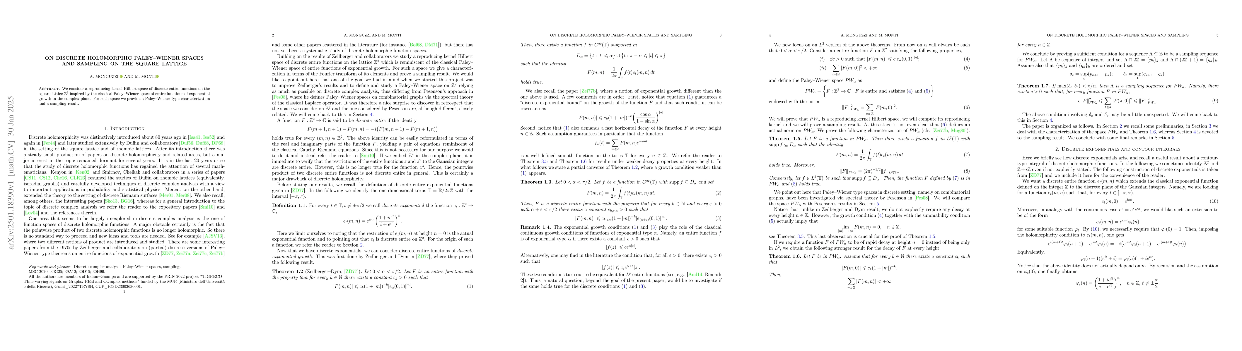 Thumbnail for On discrete holomorphic Paley-Wiener spaces and sampling on the square
  lattice