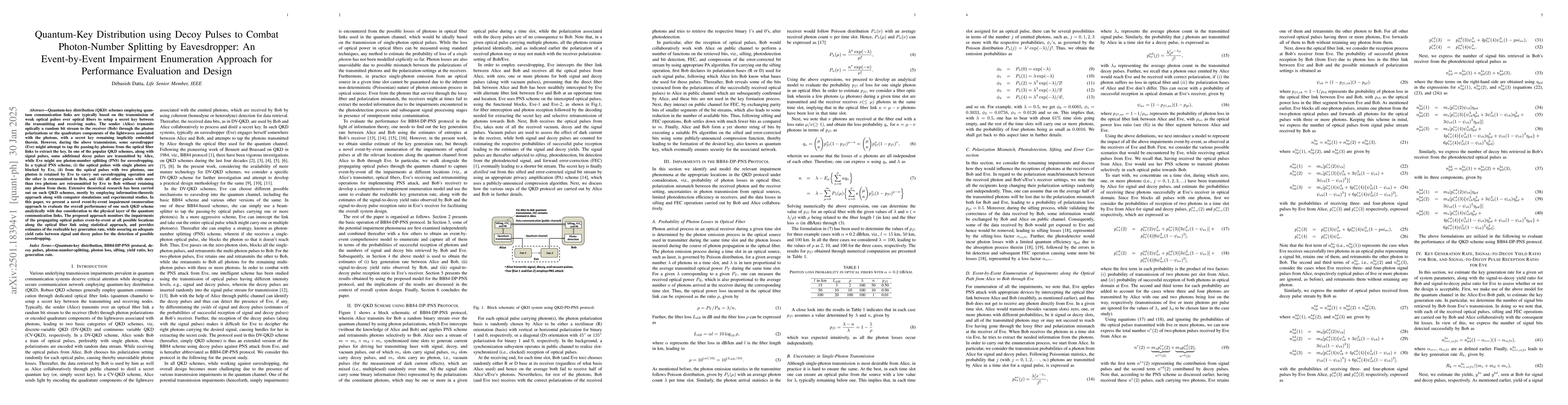 Thumbnail for Quantum-Key Distribution using Decoy Pulses to Combat Photon-Number
  Splitting by Eavesdropper: An Event-by-Event Impairment Enumeration Approach
  for Performance Evaluation and Design