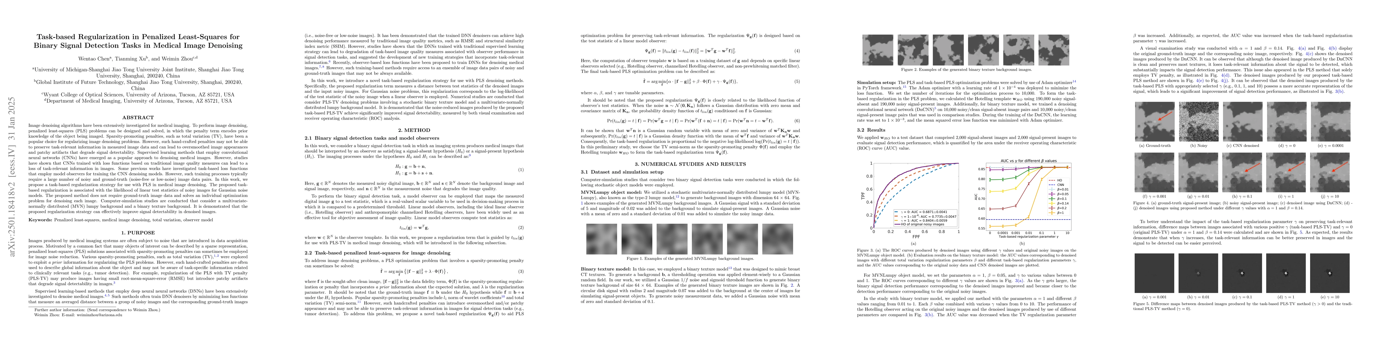 Thumbnail for Task-based Regularization in Penalized Least-Squares for Binary Signal
  Detection Tasks in Medical Image Denoising