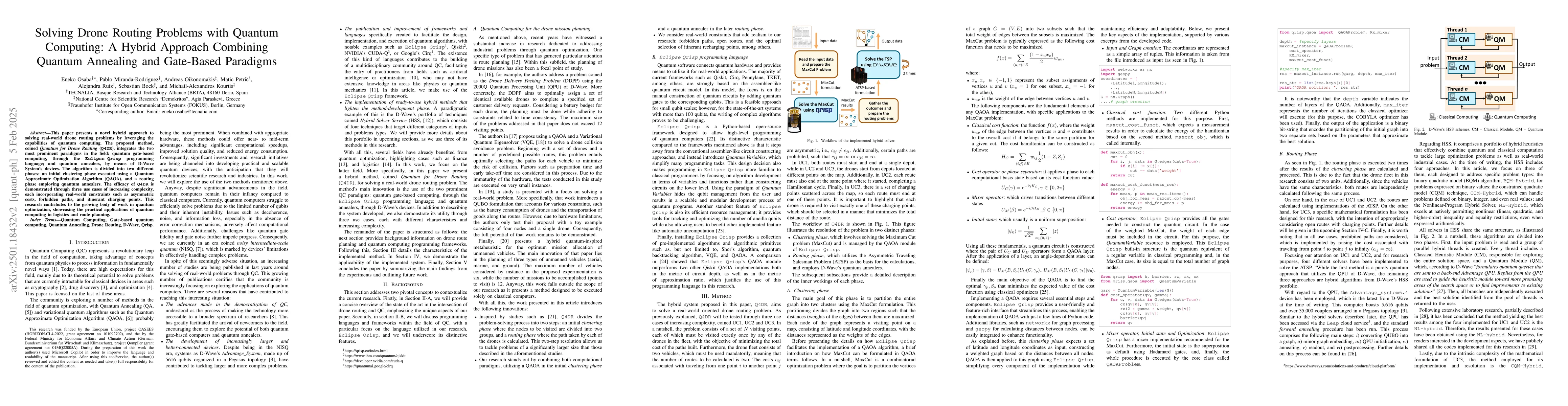 Thumbnail for Solving Drone Routing Problems with Quantum Computing: A Hybrid Approach
  Combining Quantum Annealing and Gate-Based Paradigms