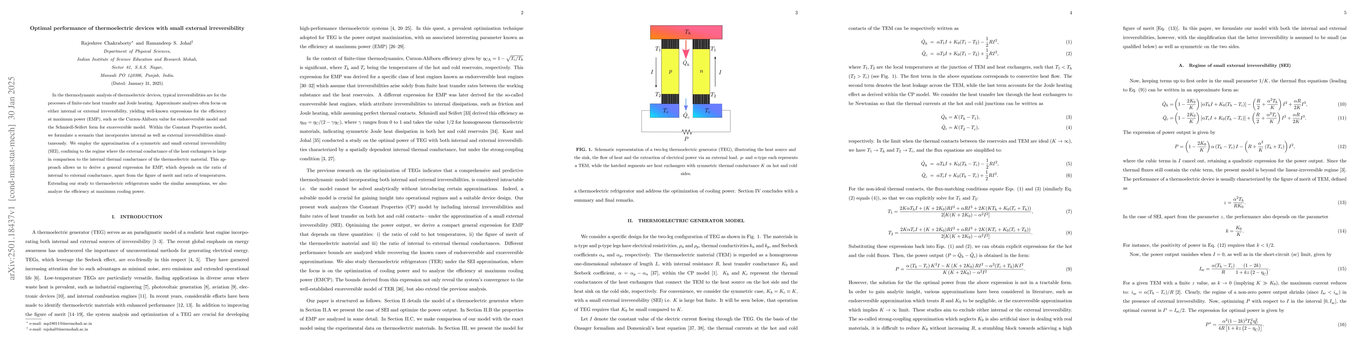 Thumbnail for Optimal performance of thermoelectric devices with small external
  irreversibility