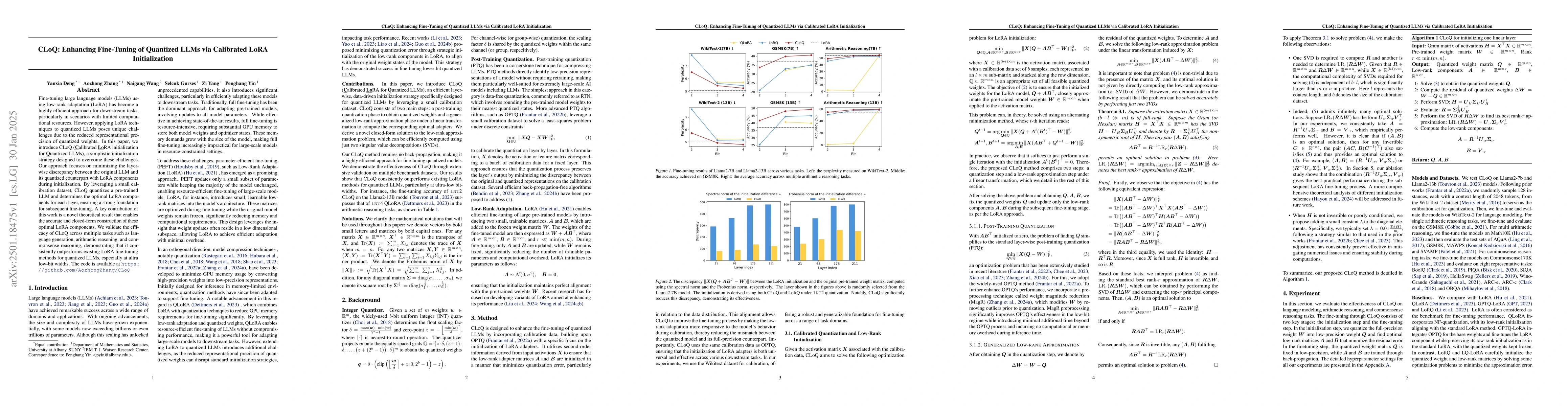 Thumbnail for CLoQ: Enhancing Fine-Tuning of Quantized LLMs via Calibrated LoRA
  Initialization