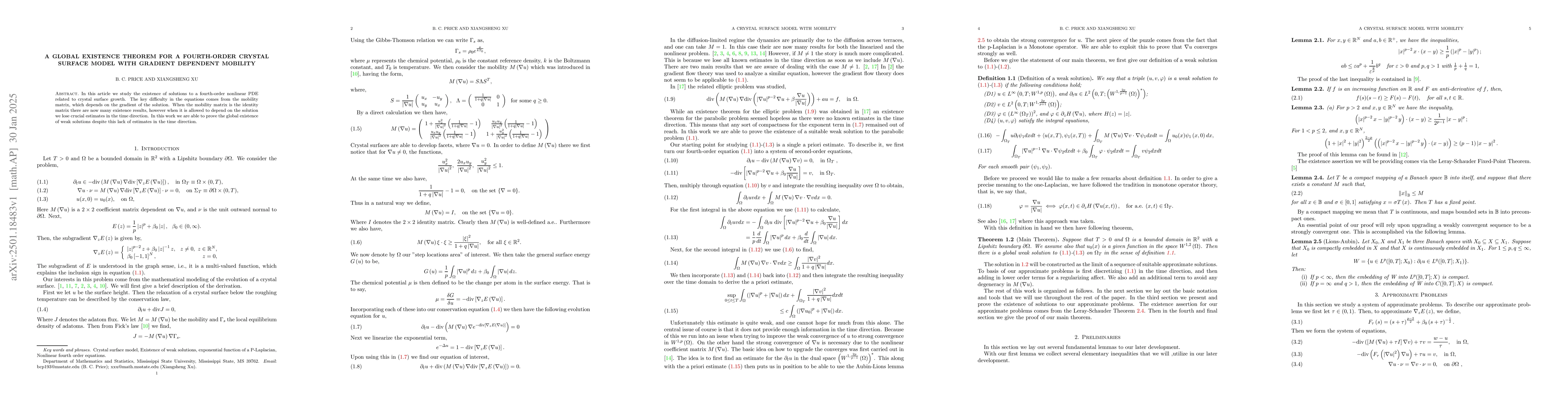 Thumbnail for A Global Existence Theorem for a Fourth-Order Crystal Surface Model with
  Gradient Dependent Mobility