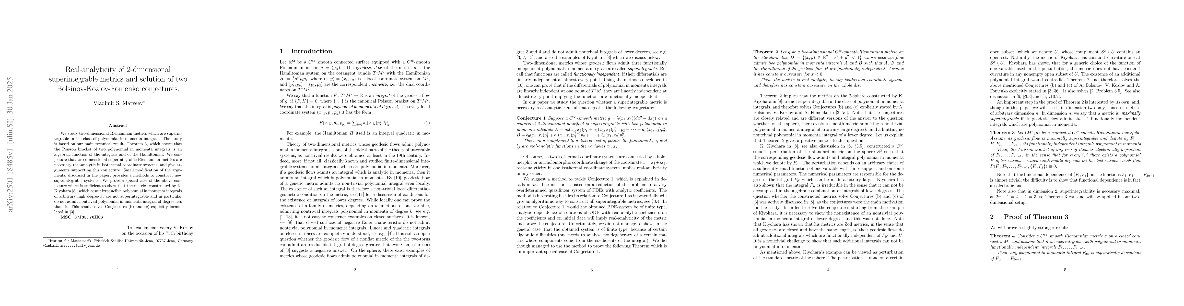 Thumbnail for Real-analyticity of 2-dimensional superintegrable metrics and solution
  of two Bolsinov-Kozlov-Fomenko conjectures