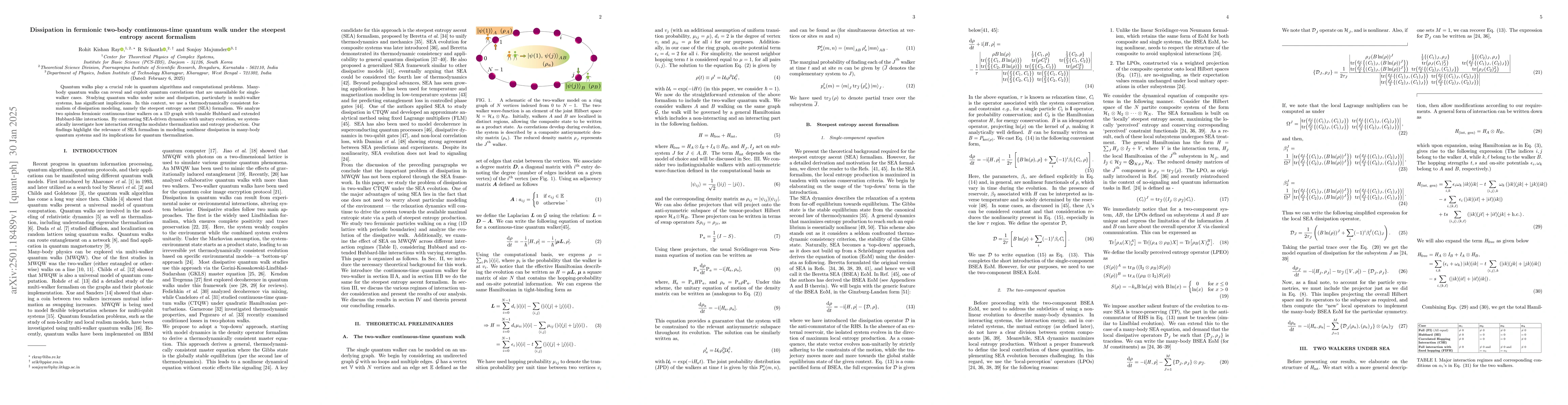 Thumbnail for Dissipation in fermionic two-body continuous-time quantum walk under the
  steepest entropy ascent formalism