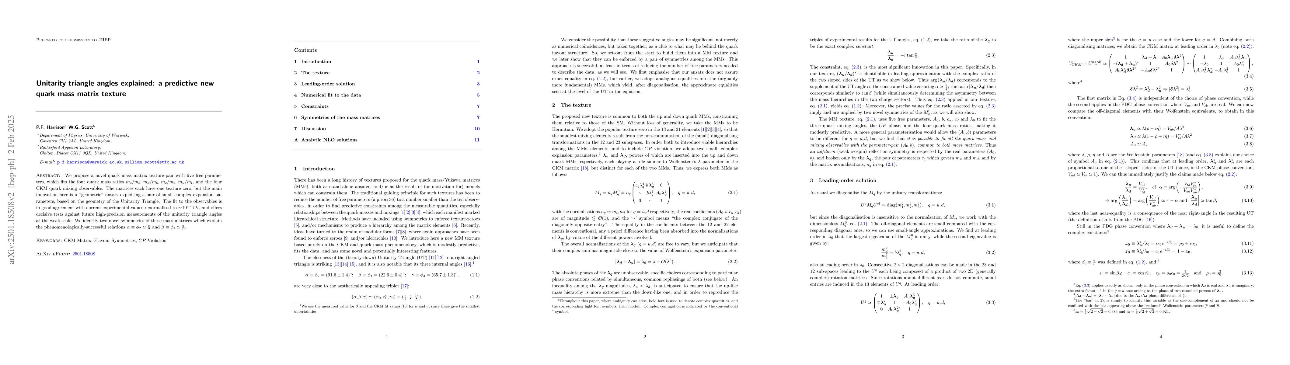 Thumbnail for Unitarity triangle angles explained: a predictive new quark mass matrix
  texture