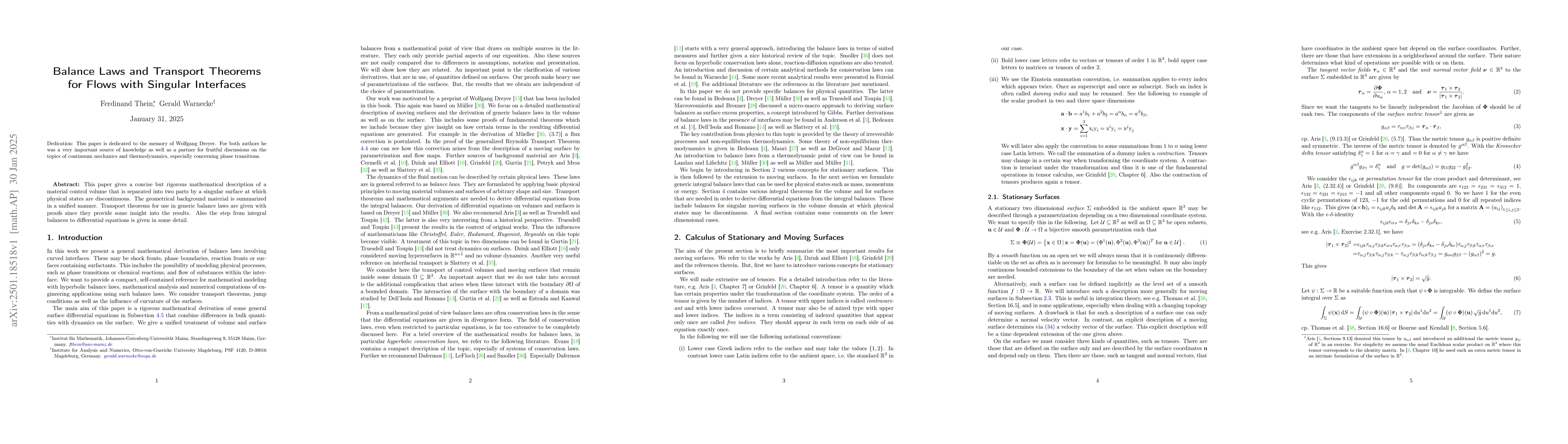 Thumbnail for Balance Laws and Transport Theorems for Flows with Singular Interfaces