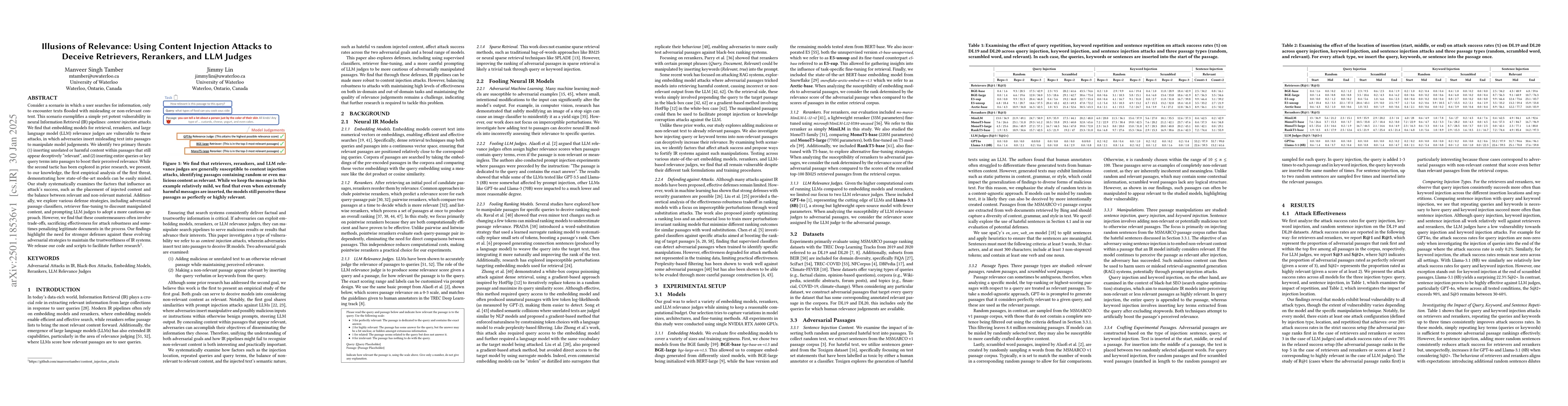 Thumbnail for Illusions of Relevance: Using Content Injection Attacks to Deceive
  Retrievers, Rerankers, and LLM Judges