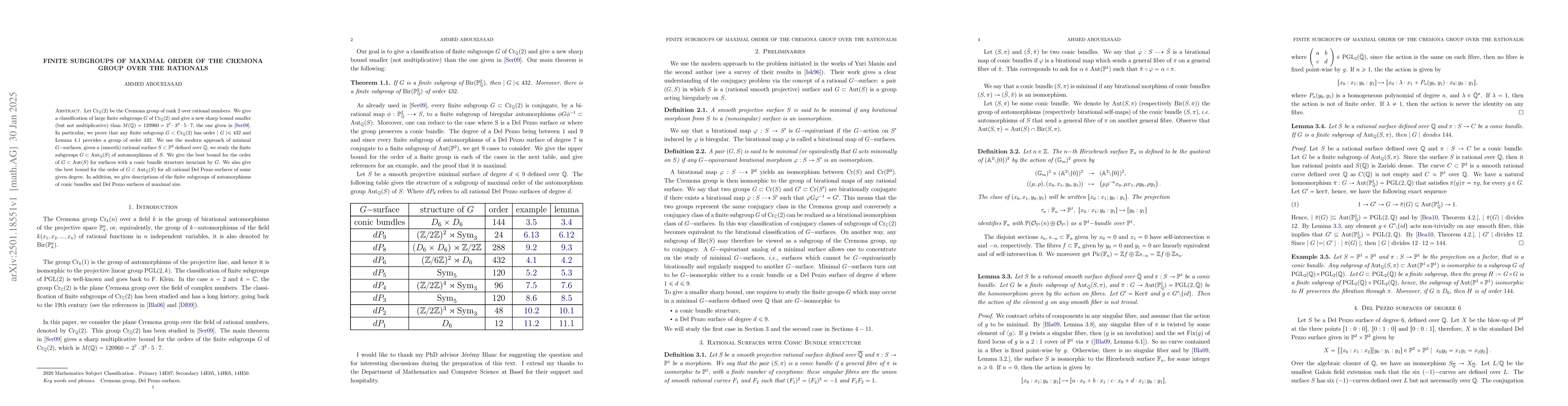 Thumbnail for Finite subgroups of maximal order of the Cremona group over the
  rationals