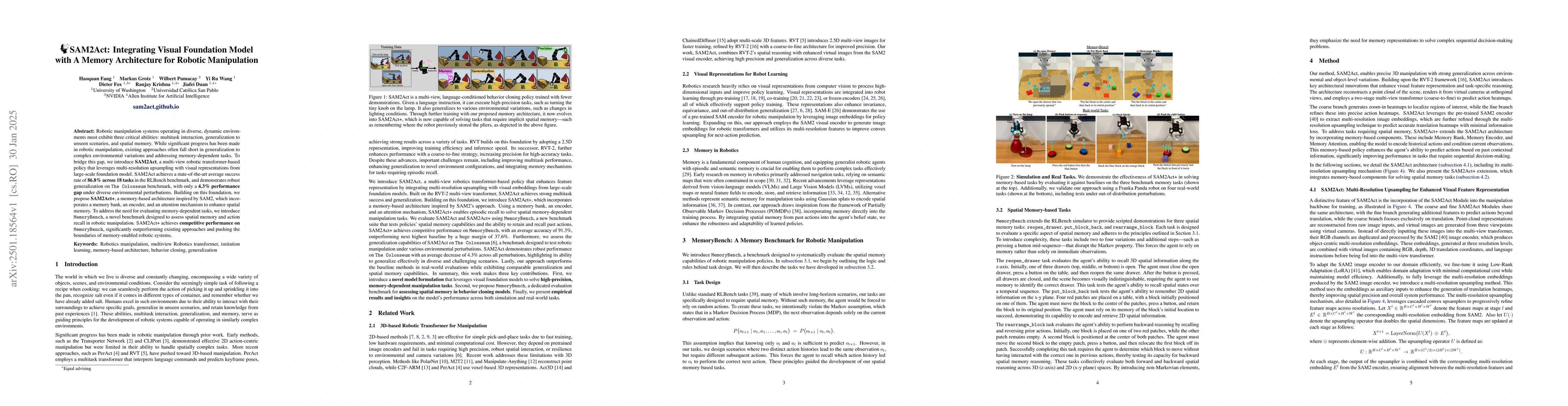 Thumbnail for SAM2Act: Integrating Visual Foundation Model with A Memory Architecture
  for Robotic Manipulation