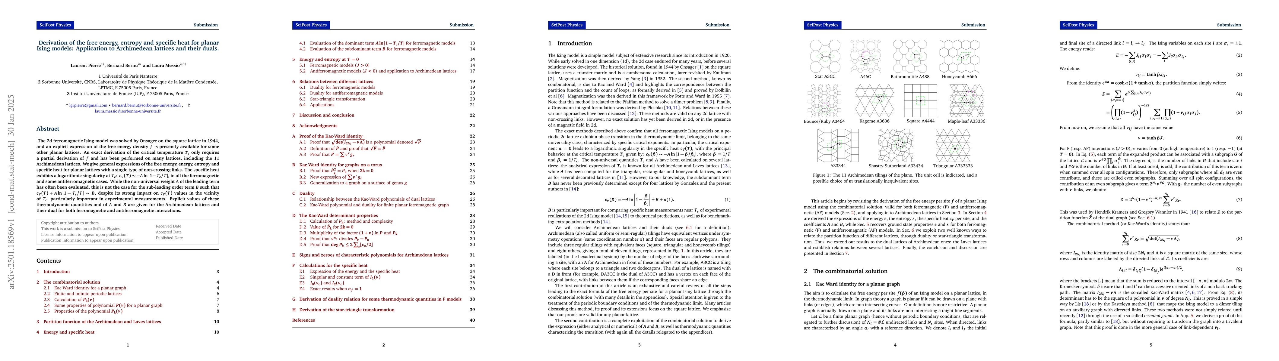 Thumbnail for Derivation of the free energy, entropy and specific heat for planar
  Ising models: Application to Archimedean lattices and their duals