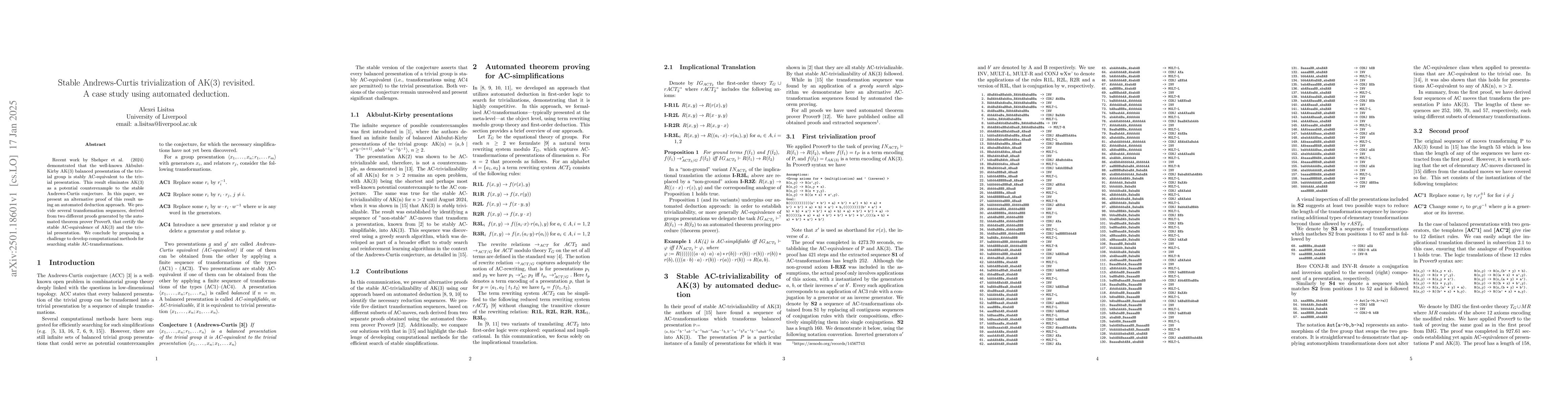 Thumbnail for Stable Andrews-Curtis trivialization of AK(3) revisited. A case study
  using automated deduction