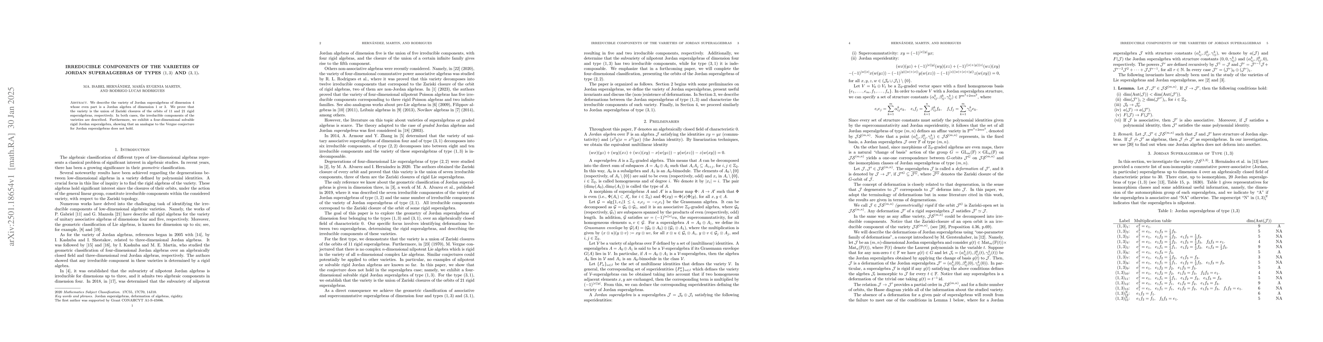 Thumbnail for Irreducible Components of the Varieties of Jordan Superalgebras of Types
  $(1,3)$ and $(3,1)$